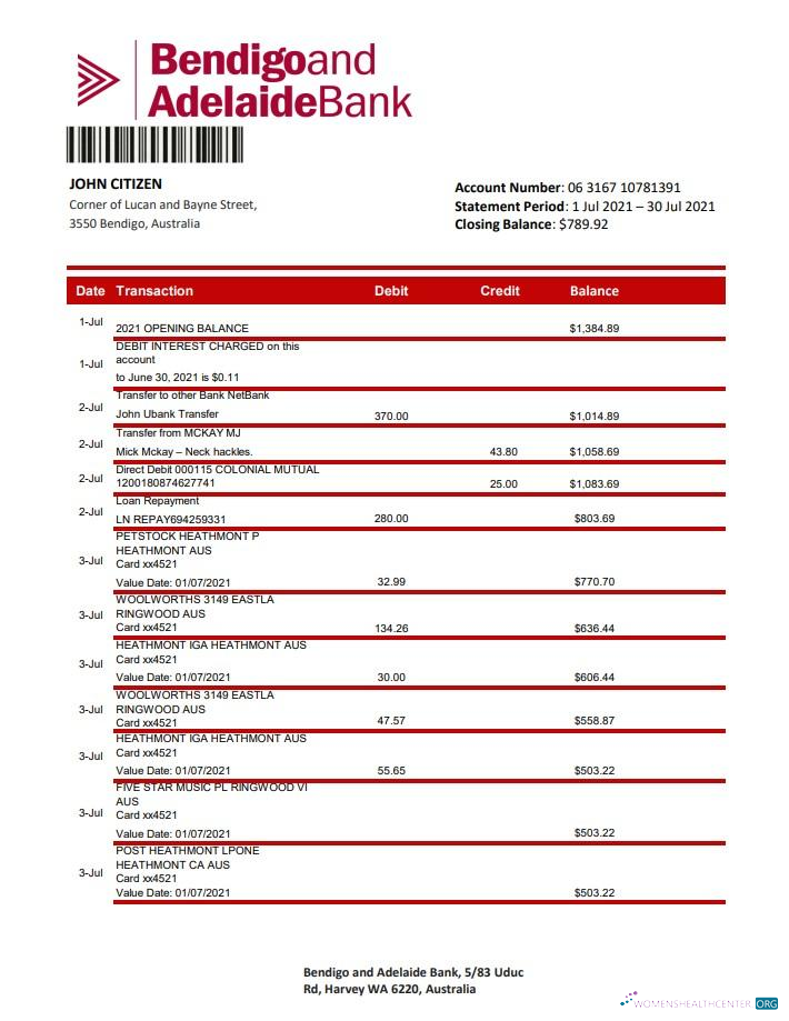 Download Australia Bendigo and Adelaide Bank bank statement excel Photoshop template